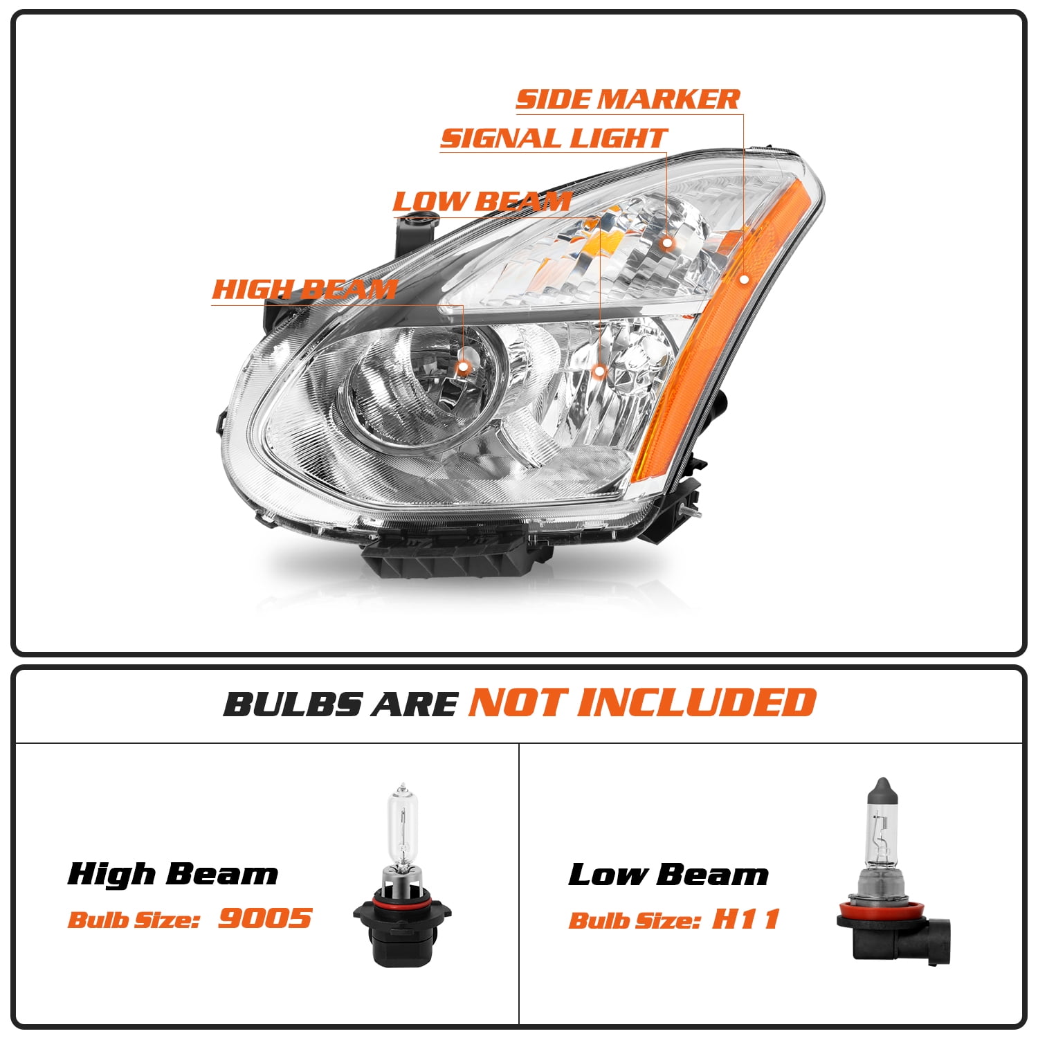 Chrome Headlights Assembly Amber Corner Headlamps Set For 2008-2013 Nissan Rogue