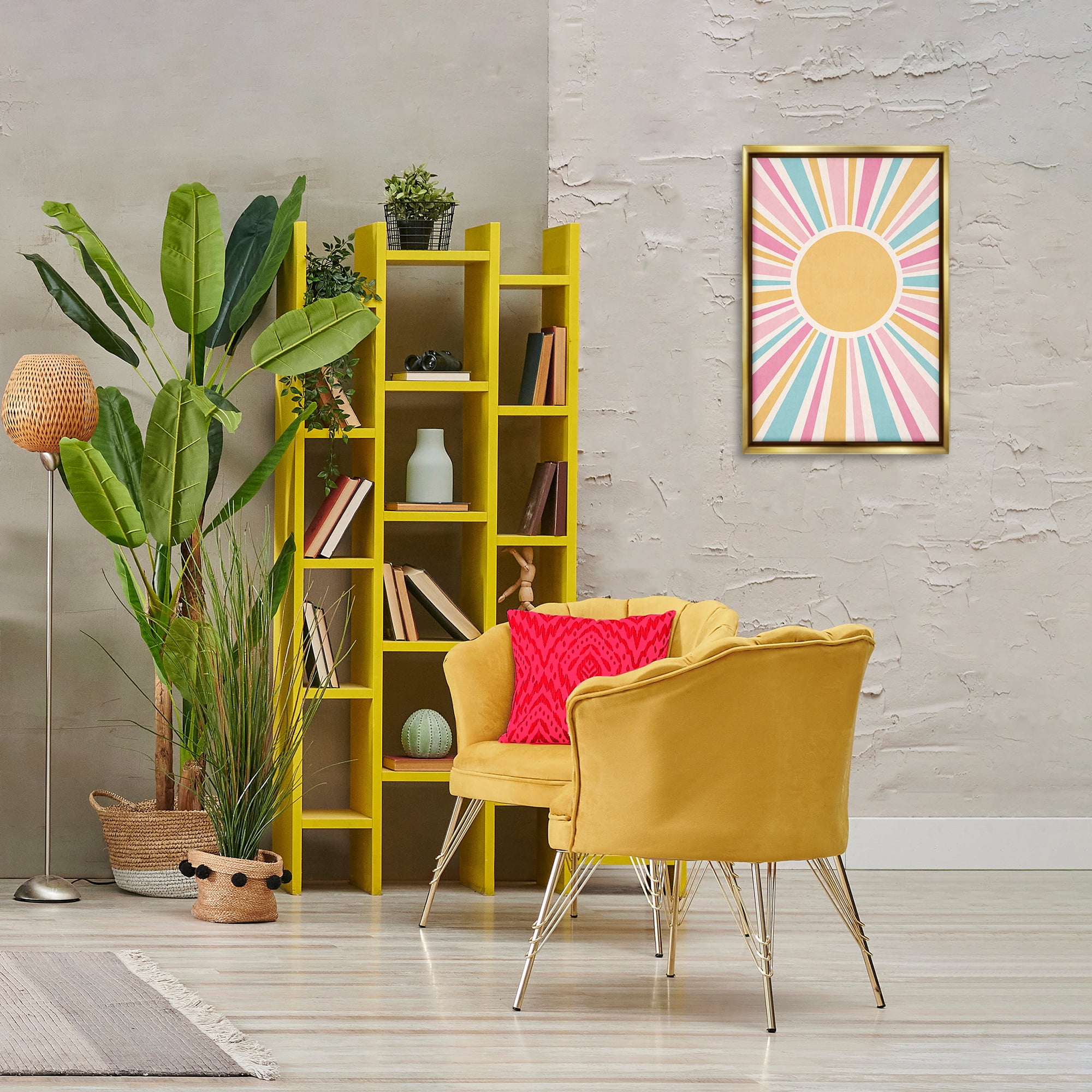 Stupell Industries Groovy Pastel Sun Rays Abstract Painting Gold Floater Framed Canvas Art Print Wall Art, 17 x 25