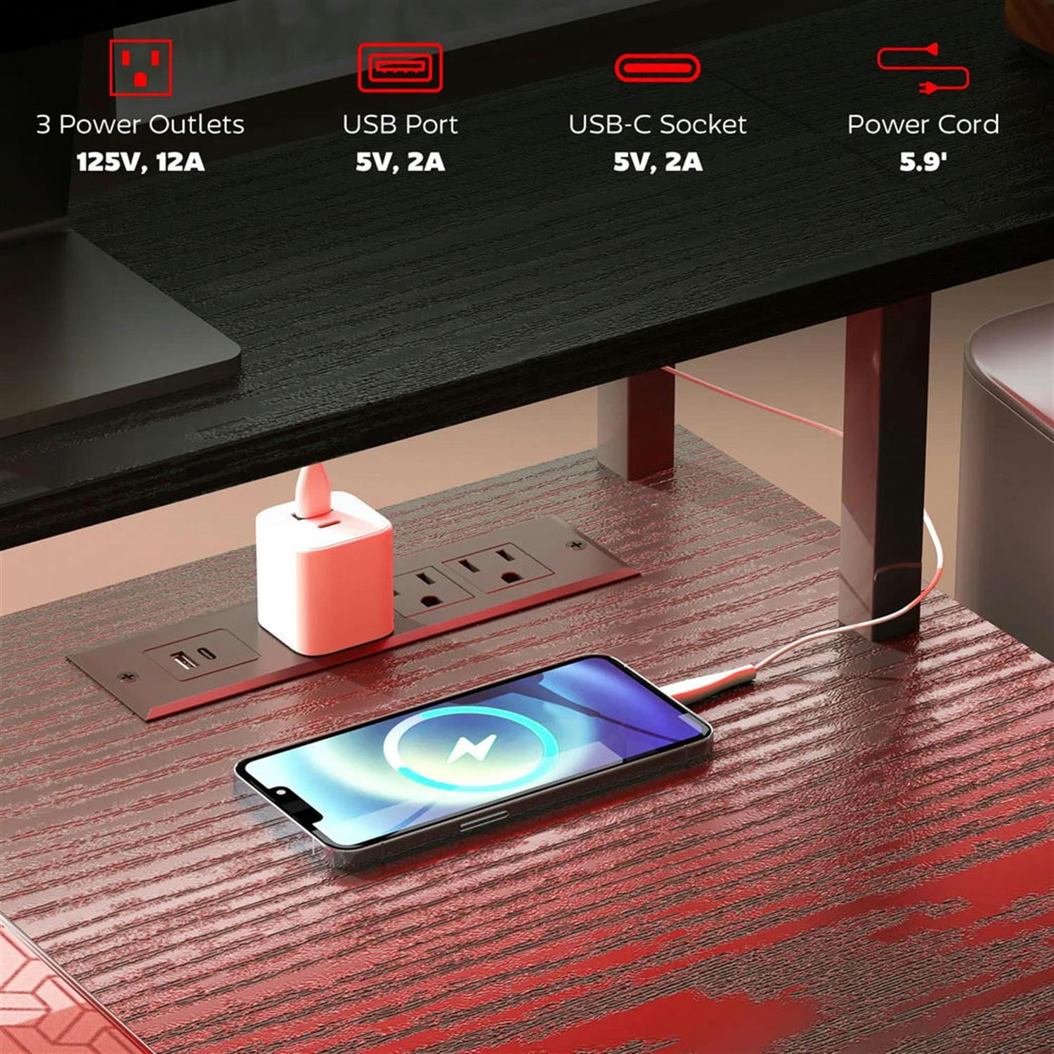 Demi Bonn 67" Office Desk with LED Lights and Power Outlets, Home Computer Desk for Living Room, Office, Study Table PC Desks, Black