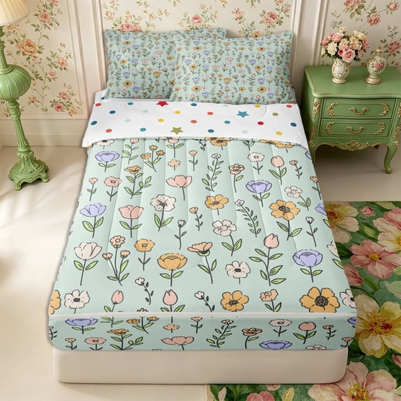 Manfei Kawaii Rustic Wildflower Zipper Twin Comforter Sets with Fitted Sheet and 2 Pillowcases,Cottagecore Blossom Zipper Bedding Set,Reversible