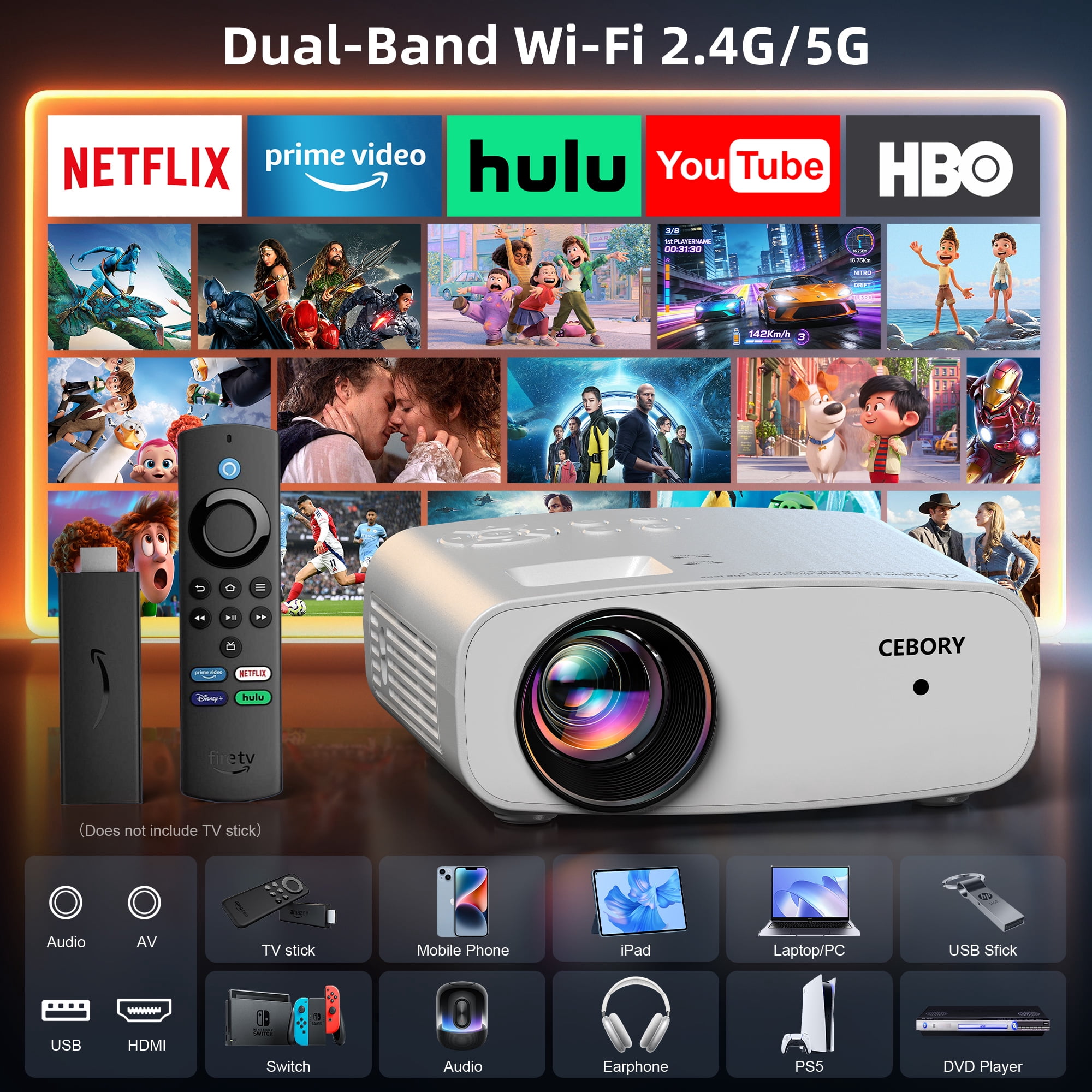 CEBORY 5G WiFi Projector With Bluetooth, Native 1080P Outdoor Movie Projector (Projector Screen and Tripod Included), Mini Portable Video Projector Compatible With HDMI/ USB/ AV/ Smartphone/ TV Stick