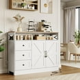 thumbnail image 1 of Buffet Bahut de Style Ferme de 47 Po avec Rangement, Armoire de Rangement Blanc Antique avec 2 Portes de Grange et 3 Tiroirs, Table de Station de Café avec Prise de Courant Intégrée pour Cuisine, Salon, 1 of 1