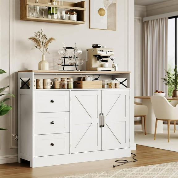 47 in Farmhouse Sideboard Buffet Cabinet with Storage, Antique White Storage Cabinet with 2 Barn Doors and 3 Drawers, Coffee Bar Station Table with Built-in Power Outlet for Kitchen, Livingroom