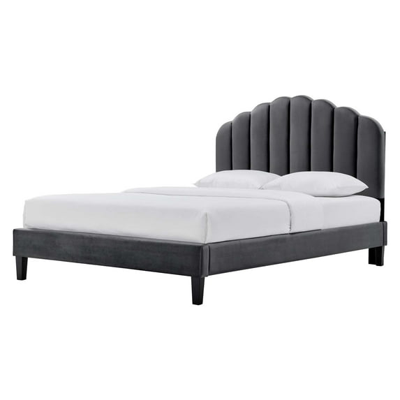Platform Bed Frame, Full Size, Charcoal Grey Gray, Velvet, Modern Contemporary, Bedroom Master Guest Suite Room