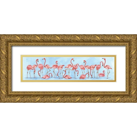 Phillips, Anita 18x8 Gold Ornate Wood Framed with Double Matting Museum Art Print Titled - Flamingo Parade