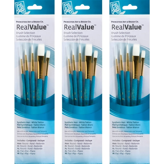 Princeton RealValue Brush Set, White Taklon Bristles, Short Handle Mixed Media Paintbrush, Blue, 5 Per Set, 3 Sets