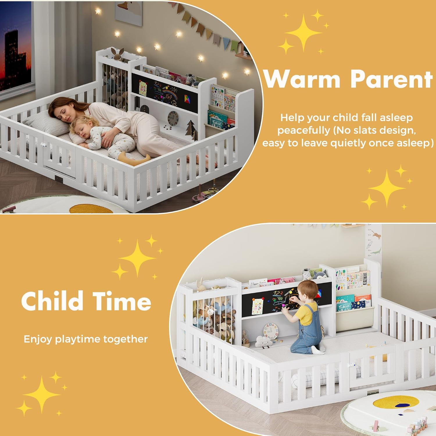 Advwin Twin Floor Bed with  Gate, Safety Rails, Blackboard, Bookshelf & Toy Storage, Sturdy Wooden Platform Bed Frame, White