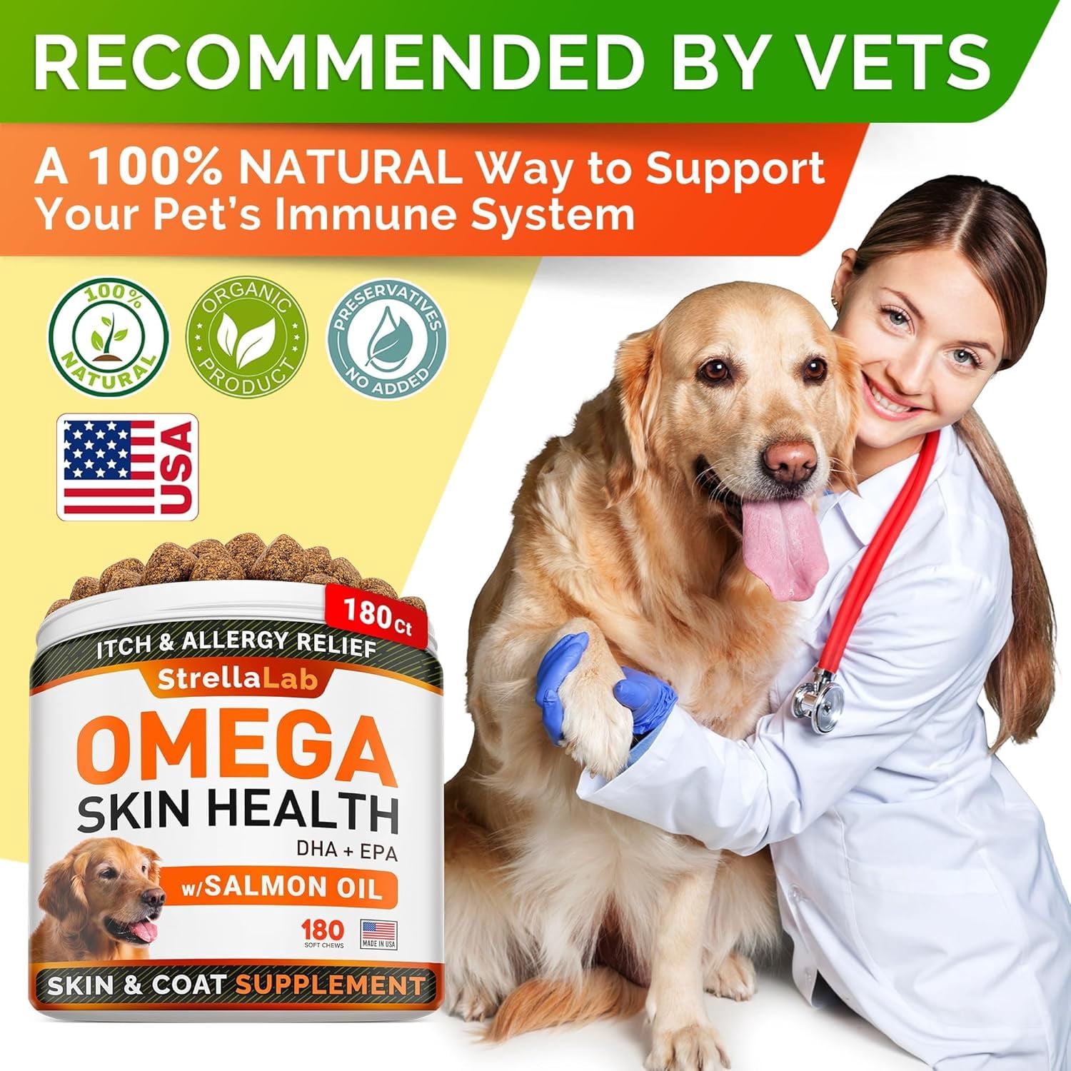 StrellaLab Premium Treats with Omega 3, Salmon & Fish oil for Dogs (180Ct) - Dog Itch Relief & Allergy Relief - Skin & Coat Supplement - Dry Itchy Skin, Shedding, Hot Spots Treatment - Chicken Flavor