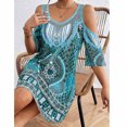 thumbnail image 4 of Vestido Alto Bajo para las Mujeres de Hombro Frío Cuello Redondo Impresión Bohemia Media Manga Mini Patinador Ropa de Playa de Verano Casual, 4 of 5