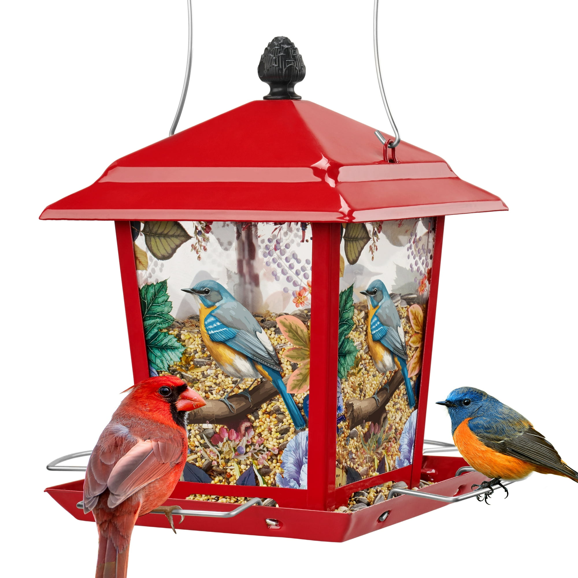 Kingsyard Hopper Metal Wild Bird Feeder for Outdoor Hanging with 4 Perches Waterproof Roof, Red