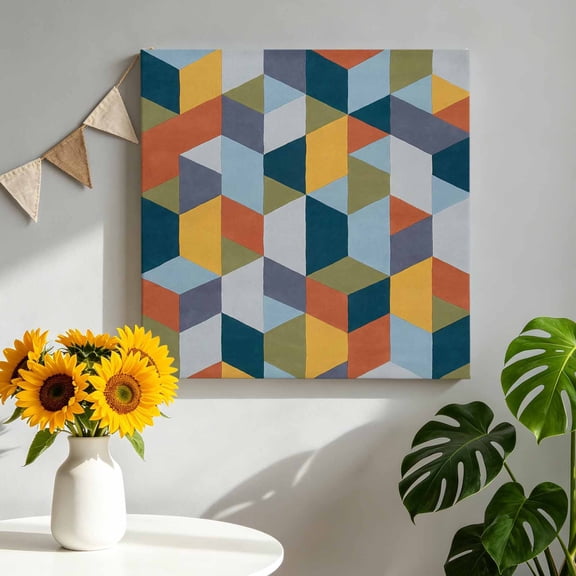 Patchwork Canvas Wall Art, Colorful Geometric Abstract Three Dimensional Cube Framed Canvas Wall Decor Picture Print Artwork Decorations for Living Room Office Ready to Hang 12" x 12"