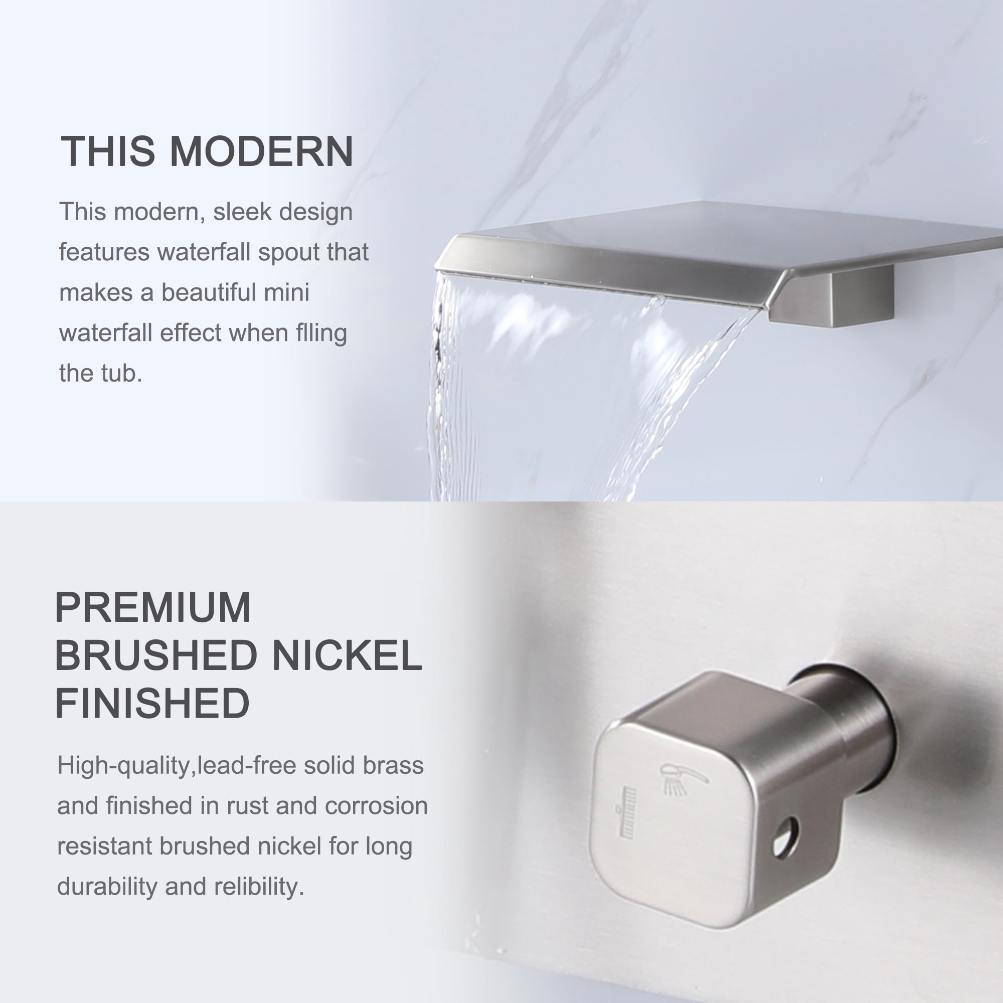 Wall Mounted Tub Filler with hand shower, Two Handles Brushed Nickel Waterfall Bathtub Faucet with Rough-in Valve