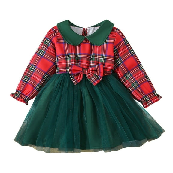 Tfken Christmas Toddler Girls Dress Long Sleeve Plaid Print A-Line Relaxed Mesh Green Dresses Size 18-24 Months