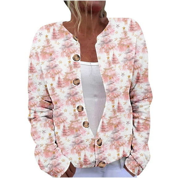 Yangnuo Womens Trendy Christmas Printed Buttoned Cardigan Jackets 2025 Fall Winter Women's Merry Christmas Cardigan Long Sleeve Hollowed Out Print Casual Jacket