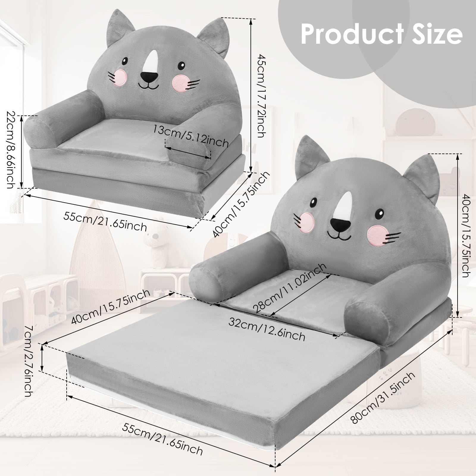 Dznils Toddler Sofa Chair, 2-in-1 Soft Foam Flip Open Kids Couch Lounger Comfy, Ages 1+, Gray Cat