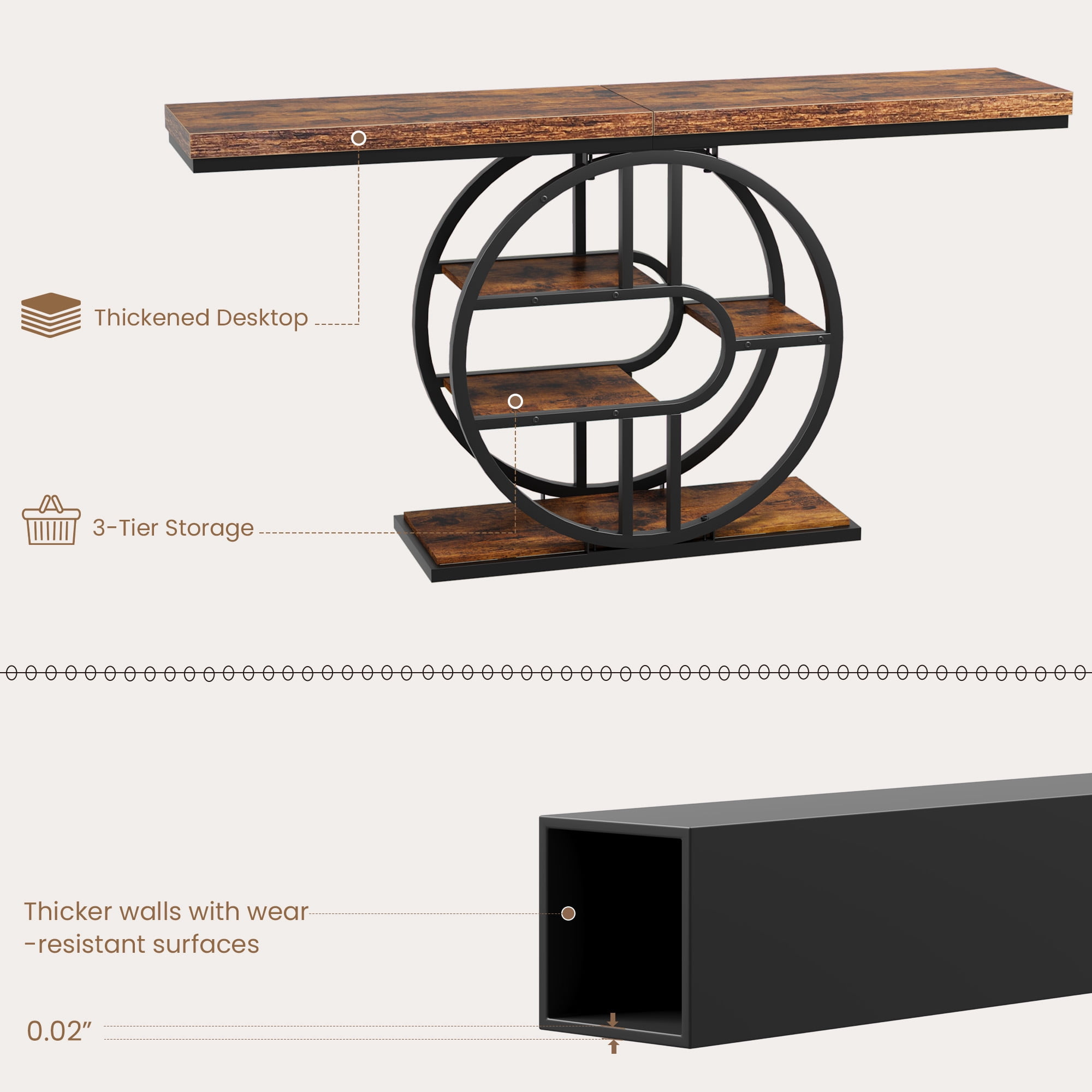 Console Table 55 Inch, Sofa Table with 3-Tier Storage Shelves and O-Shaped Metal Frame, Narrow Entryway Table for Dining Room, Hallway & Living Room