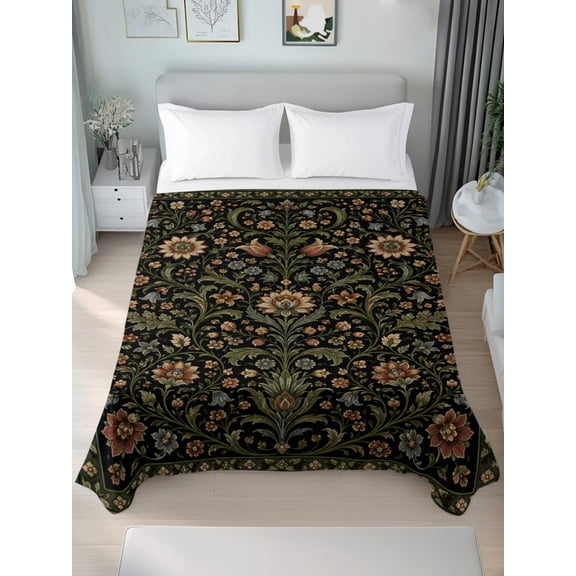 Queen Flat Sheet Only Botanical Floral Vine Pattern Soft Microfiber Cooling Bedding Sheets Vintage Flower Leaves Black Flat Bed Sheet for Hotel,Home Decor