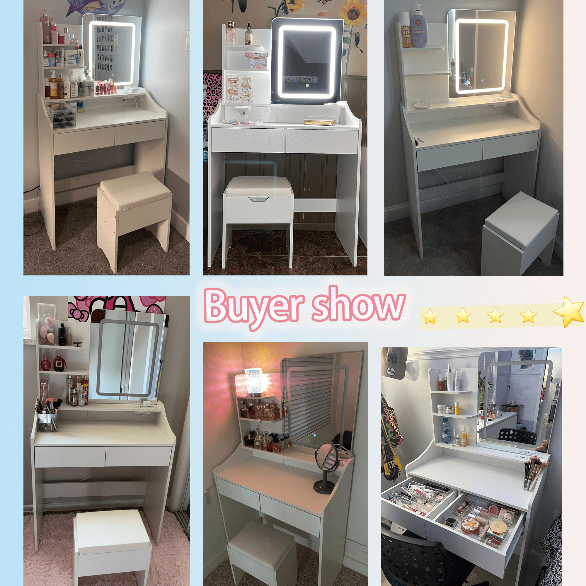 Veanerwood Makeup Vanity Set with Lights and Power Strip, Vanity Dressing Table with Drawers and Shelves, Bedroom, 31.5in, White