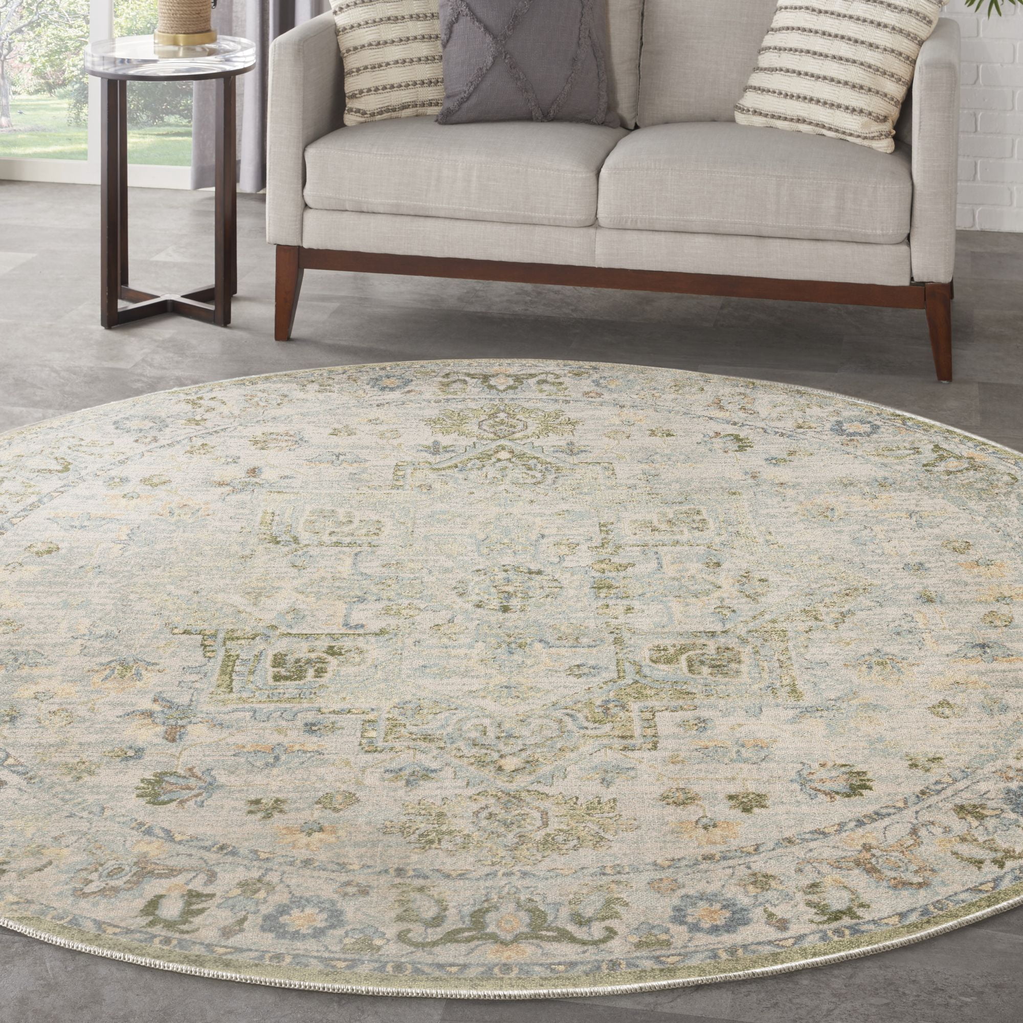 Nourison Astra Machine Washable 5'3" x Round Blue Green Vintage Indoor Flatweave Rug