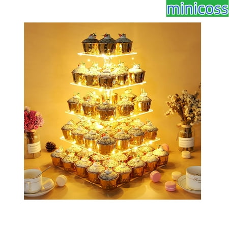 

5-Tier Acrylic Cupcake Stand Display Tower with LED String Lights Dessert Tree Tower Display Cupcake Holder Platter for Birthday Wedding Party Celebration Warm