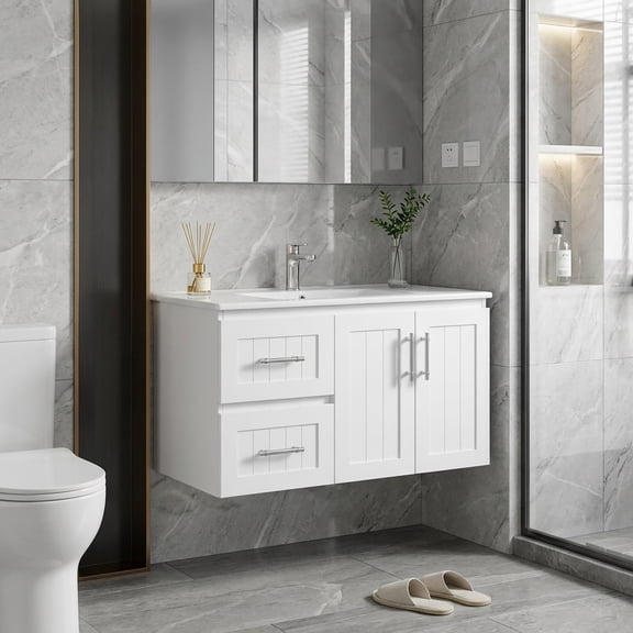 FFZ 36'' Wall Mounted Bathroom Vanity, Floating Bathroom Storage Cabinet with 2 Drawers, 3 Holes Single Ceramic Sink, Modern Cabinet with Adjustable Shelf