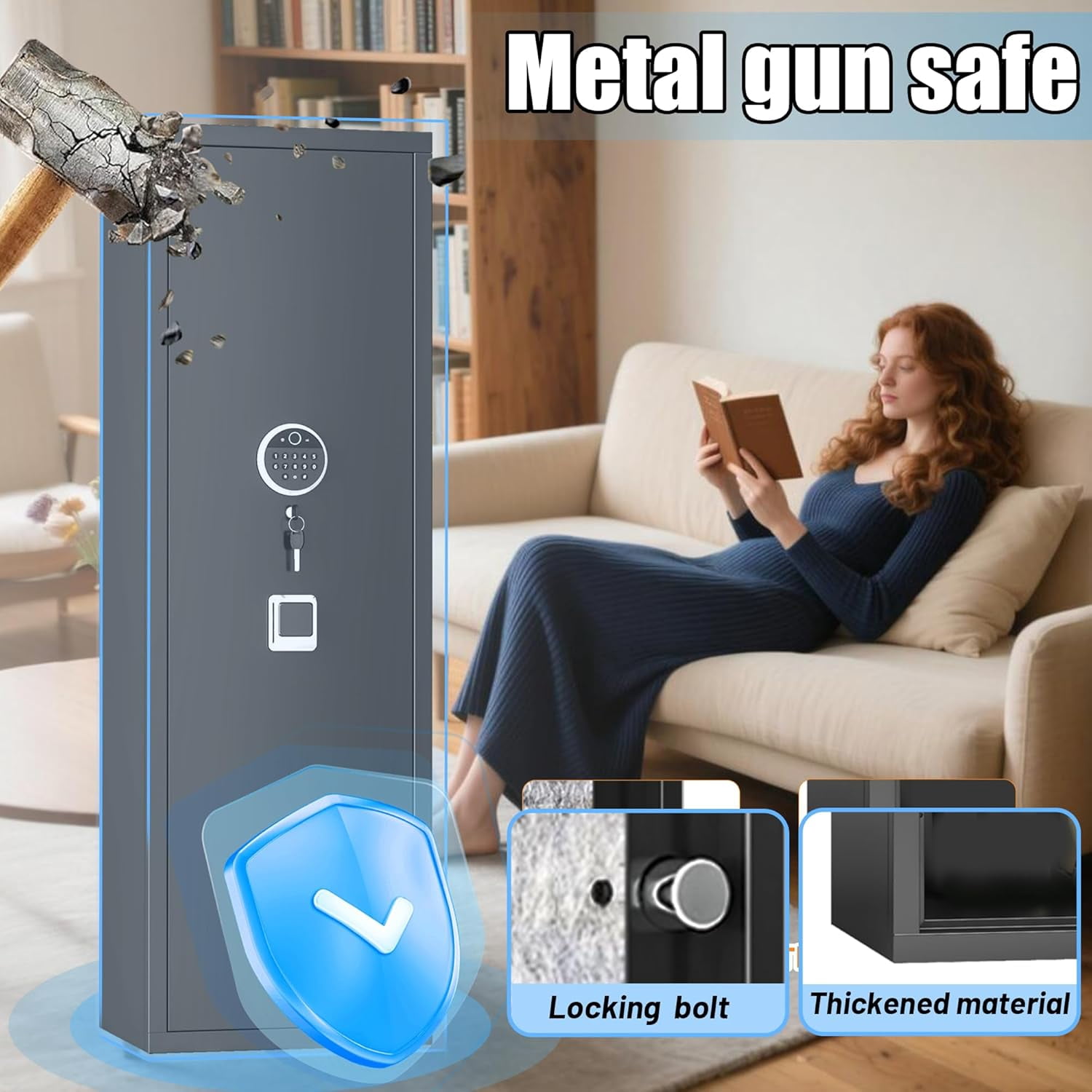 Biometric Gun Safe for Rifles & Pistols - Large 10-15 Gun Cabinet with Adjustable Shelves, Fireproof & Home Security Safe, No Assembly, Fingerprint Locking Cabinet (11.81”D x 13.78”W x 57.09”H)