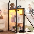 thumbnail image 4 of Bellemave Twin Over Twin Bunk Bed with Slide, LED Light, Power Outlet, Clothing Hanging Area, Metal Floor House Loft Bed Frame with Fabric Storage Shelf and Play Area for Kids Girls boys（Pink), 4 of 9