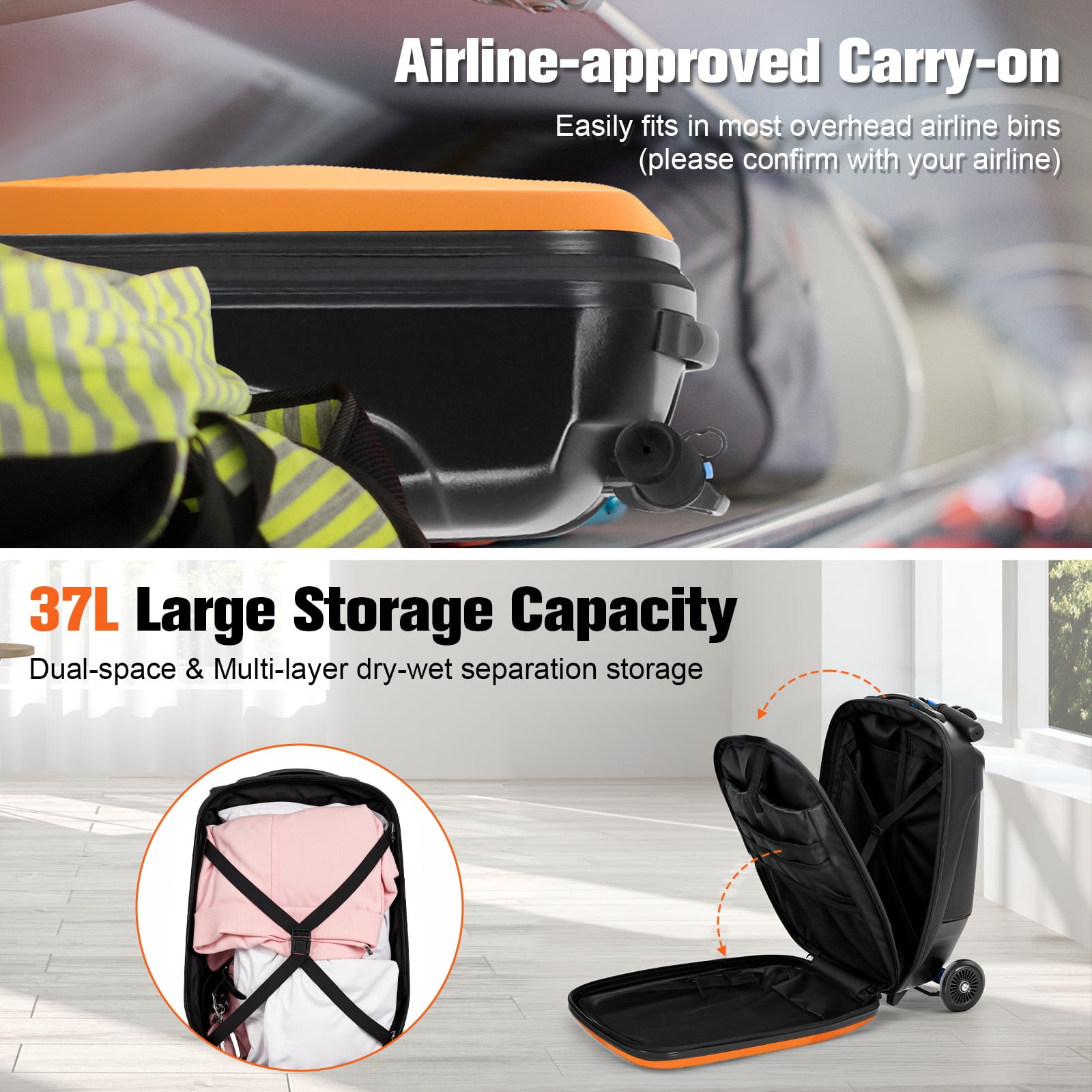 Advwin Scooter Luggage for Kids & Adults, Hardside Ride on Suitcase for Kids Ages 4-15 Multifunctional Lightweight Foldable Carry on Luggage with Wheels Ride on for Children Teenagers, Orange