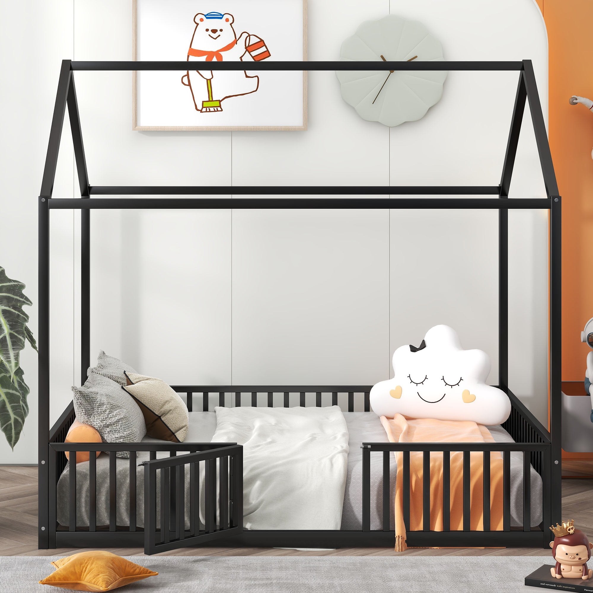 Euroco Metal Twin Size House Bed Frame, Low Profile Canopy Bed with Fence and Door for Kids, Black
