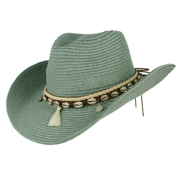 Summer Straw Cowboy Cowgirl Hat Sun Hats Wide Brim Beach Holiday Straw Hat with Shell Band (Green)