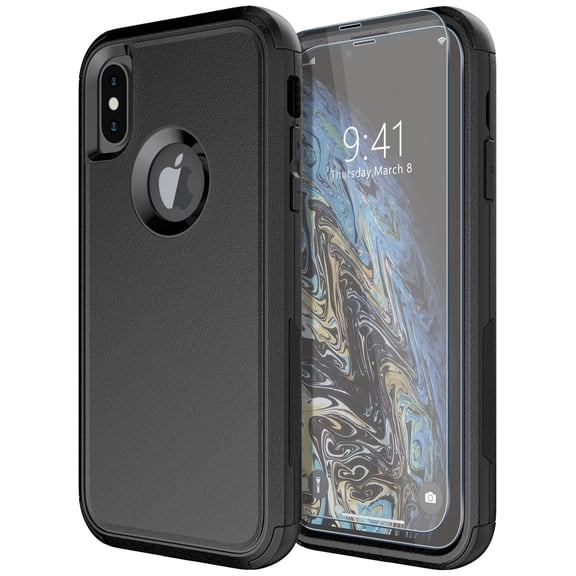 Diverbox Compatible for iPhone X Case/iPhone Xs Case [Shockproof] [Dropproof] [Tempered Glass Screen Protector ] Heavy Duty Protection Phone Case Cover (Black)