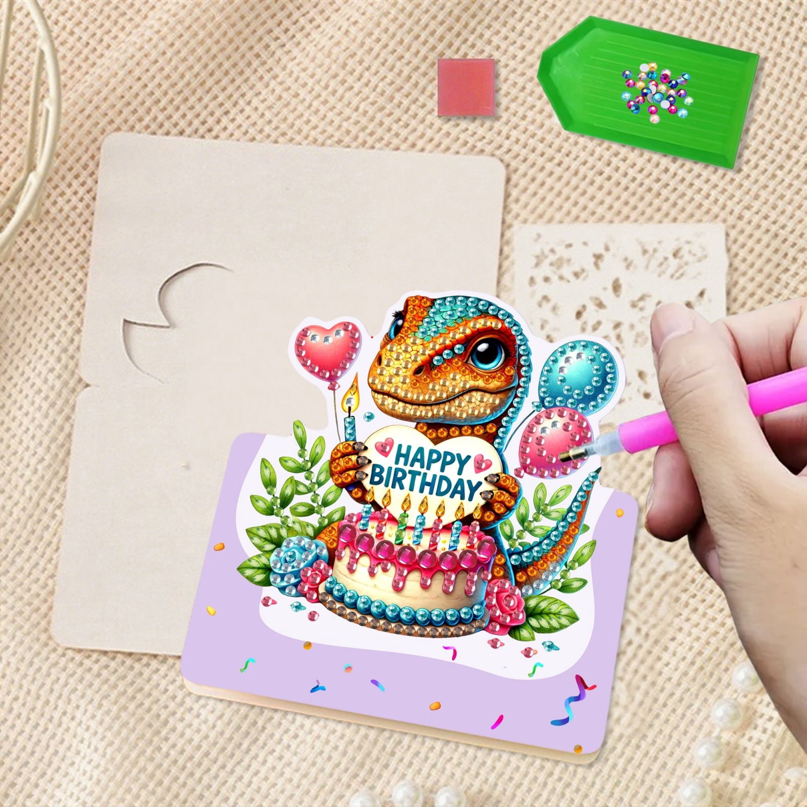 FLOPESN 6Pcs Happy Birthday DIY Diamond Art Painting Greeting Card,3D Folding Card Kit,White 4.5X9.1in Envelopes for Festival Gift-Birthday Dinosaur