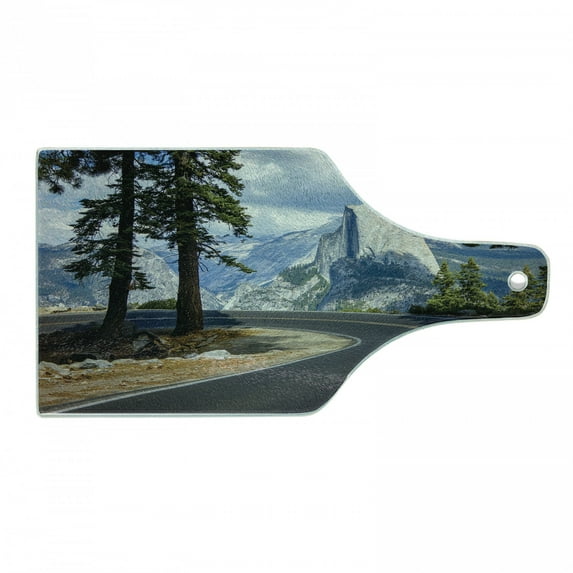 Yosemite Cutting Board, Landscape Picture of a Winding Road in the Mountains El Capitan, Decorative Tempered Glass Cutting and Serving Board, Wine Bottle Shape, Green, by Ambesonne