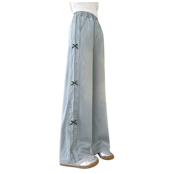Hessimy Girls Wide Leg Jeans Baggy Bow Embroidery High Elastic Waist Denim Pants Cute Trendy Tween Streetwear(Blue,9-10 Years)
