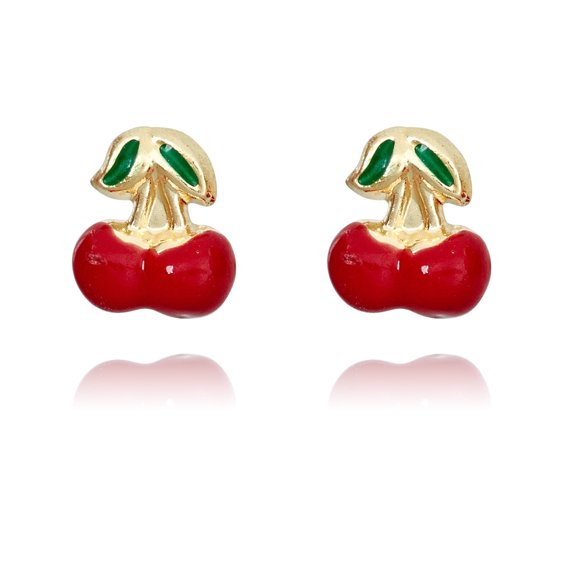 AVORA 10K Yellow Gold Red Enamel Cherry Stud Earrings