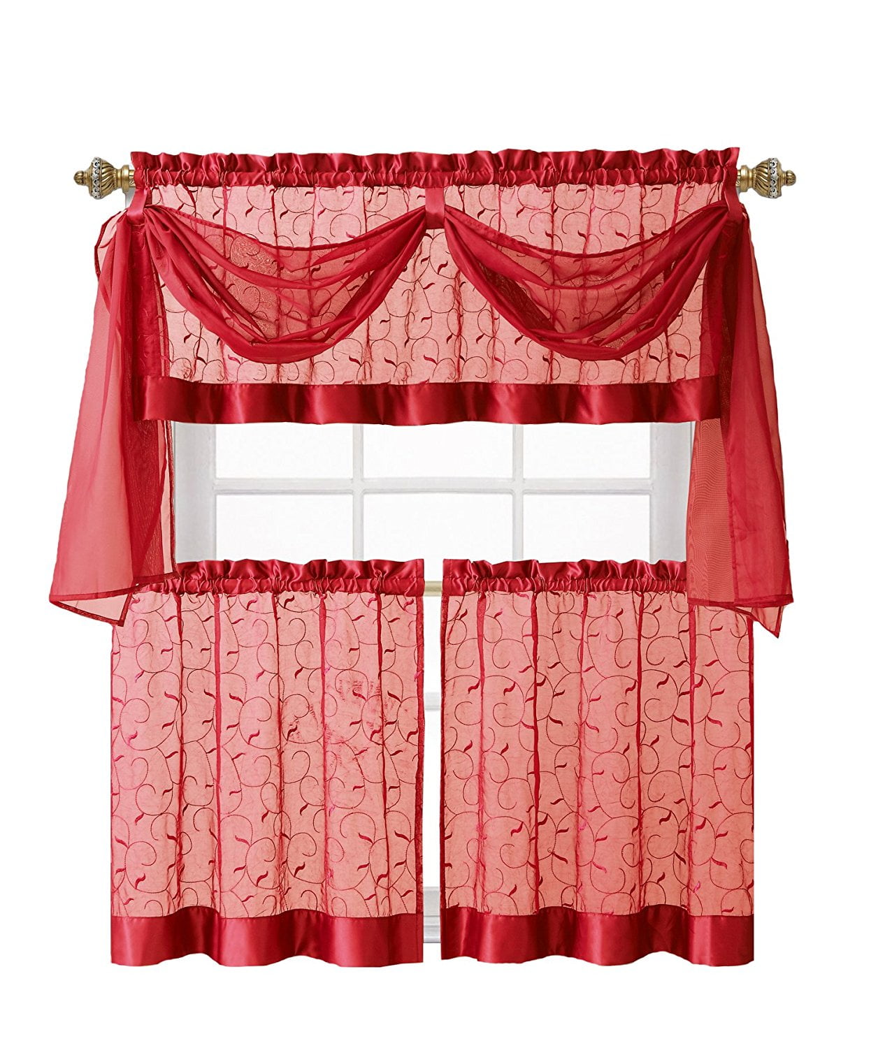 VCNY Home Linen Leaf Embroidered Complete Kitchen Curtain Set - Red - Walmart.com