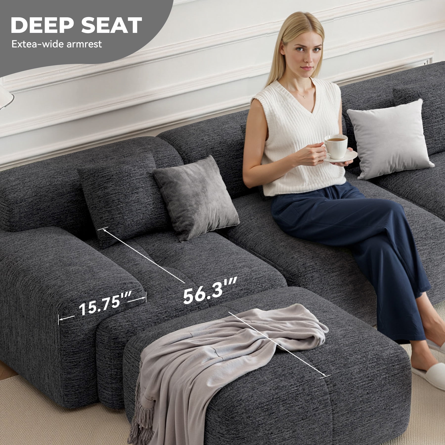 Daluvenix 122" Modern L Shaped Modular Sectional Sofa, Chenille Modular Cloud Couch for Living Room with Deep Seat, 4 Seater Convertible Cloud Couch Sofa Set, No Assembly Required, Black