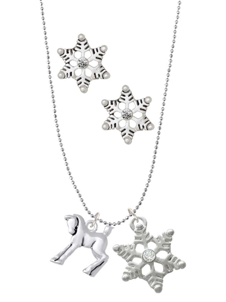 Delight Jewelry Silvertone Equestrian Horse Silver tone Snowflake Charm Necklace and Stud Earrings