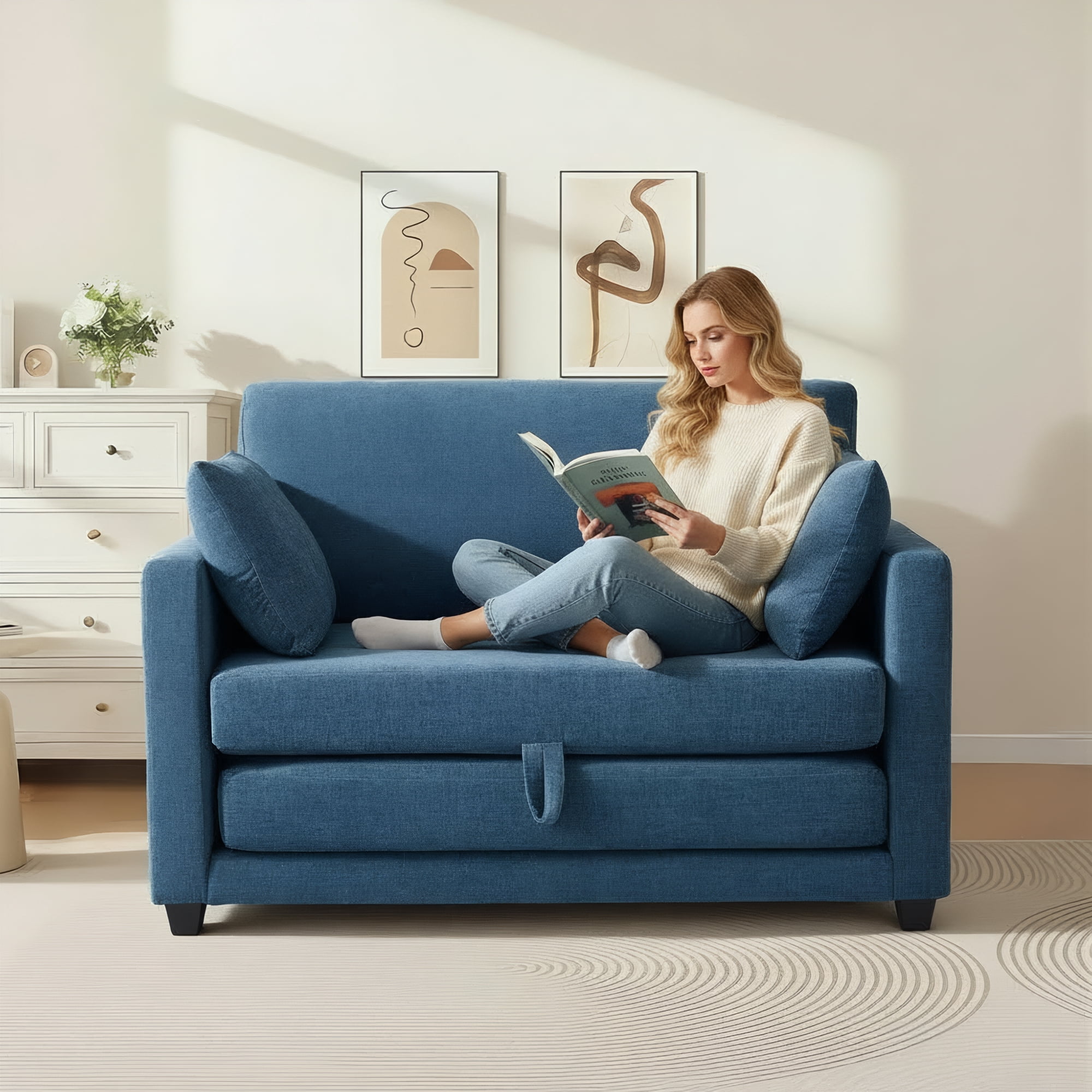 GAOHAPY 52" Loveseat Sleeper Sofa Bed,2 in 1 Convertible Floor Sofa Bed for Small Spaces,Pull Out Couch with Deep Seat,2 Pillows and Solid Frame Floor Couch for Living Room,Apartment