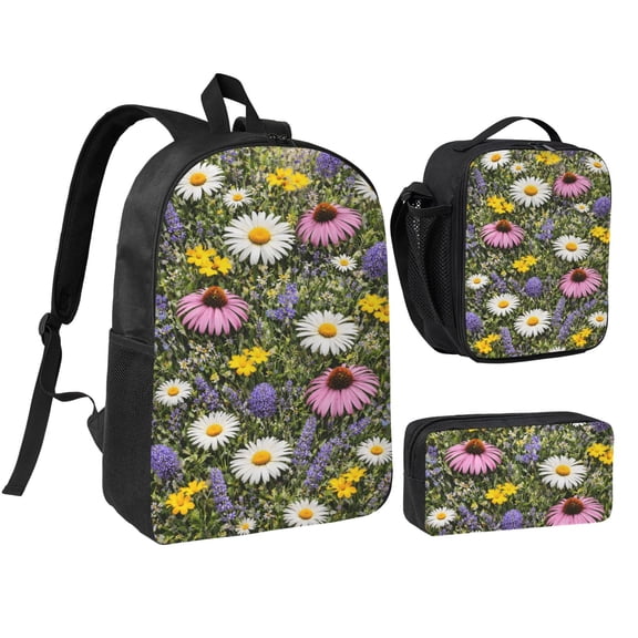 Wildflower Floral Pattern Backpack Set 3pc ,Backpack with Lunch Bag and Bag 17 Inch