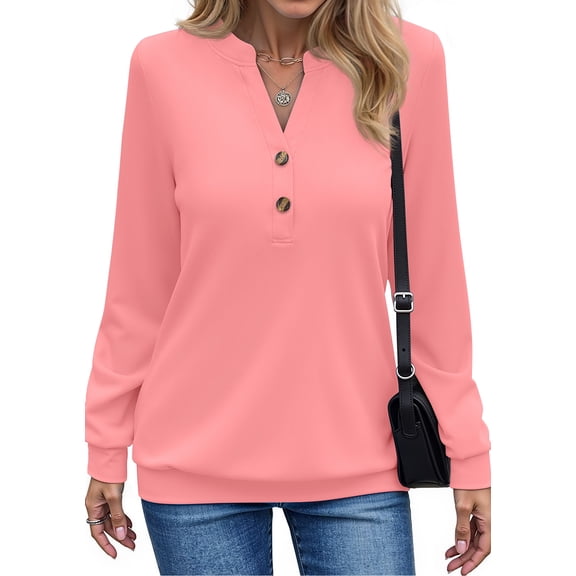 Fantaslook V Neck Sweatshirts for Women Casual Long Sleeve Shirts Button Pullover Tops Fashion Fall Outfits