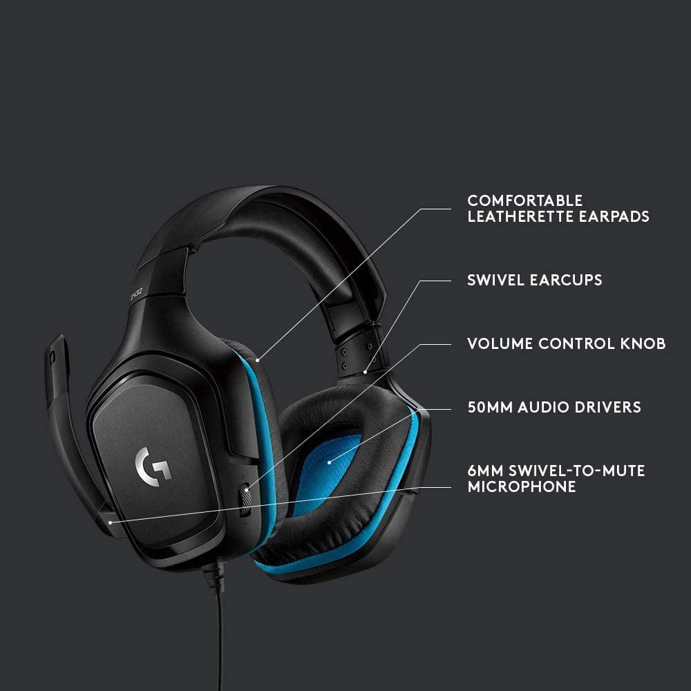 G432 DTS:X 7.1 Surround Sound 3.5mm Wired PC Gaming Headset with USB Adapter and Y-Splitter Dual Cable For Separate Mic and Headphone Jacks (Leatherette) - Black / Blue Used -