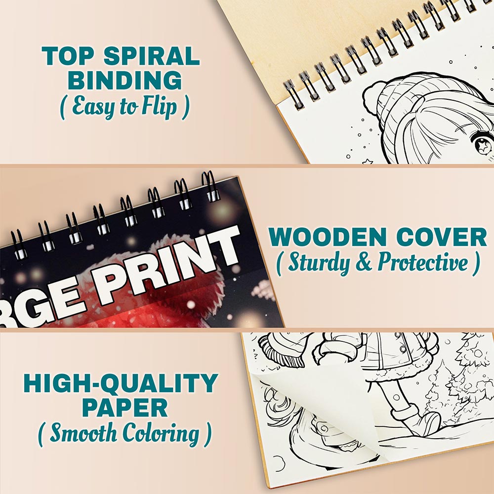Netecom Chibi Girls Christmas Coloring Book Spiral Bound for Adults, A5 Wooden Cover, 30 Beautiful Coloring Pages of Chibi Girls in Holiday Season for Stress Relief and Relaxation
