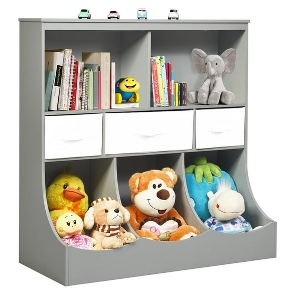 Giantex 3-Tier Kids Bookcase Toddler Storage Organizer Cabinet Shelf w/8 Compartment Box &  Removable Drawers for Children, Grey