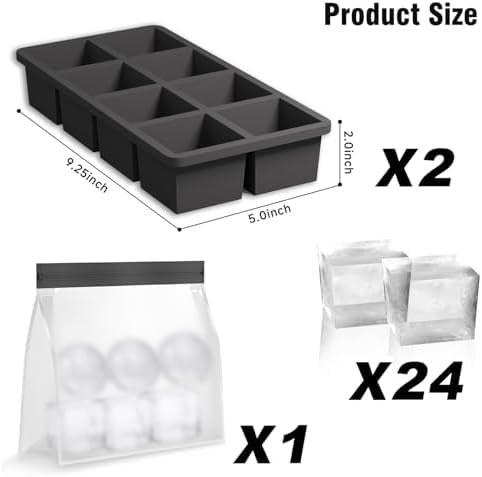 Large Silicone Ice Cube Tray Molds, Big 2 Inch Cubes 3 Pack- Food Grade, Flexible, 8 Cavity Easy Release Slow Melting Ice for Whiskey, Cocktails, Gifts & Christmas - Black (Ice Bag)
