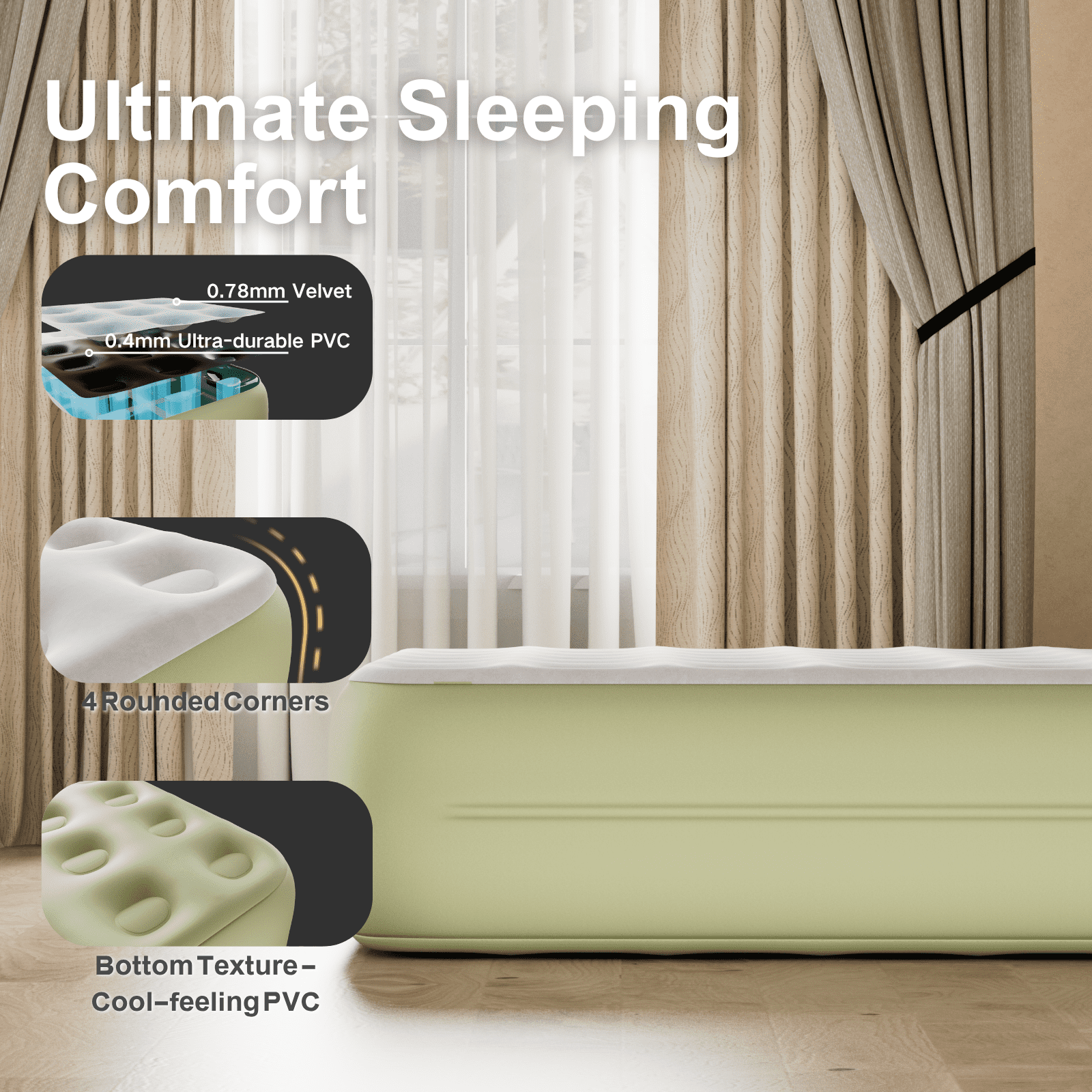 Luxury Queen Air Mattress with Built-In Battery Pump,Heavy-Duty Waterproof Veltex Surface for Indoor/Outdoor Use,Portable Inflatable Camping Bed & Guest Bed(Green)
