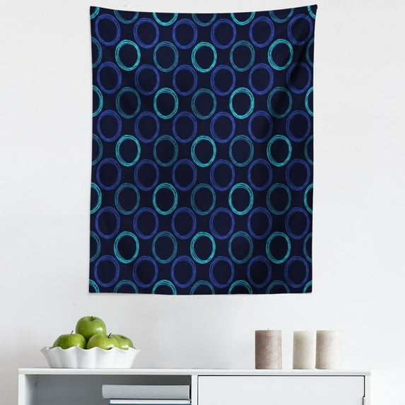 Geometric Tapestry, Scribble Art Style Circles Ring Shapes on Dark Background, Fabric Wall Hanging Decor for Bedroom Living Room Dorm, 5 Sizes, Blue Violet Pale Blue, by Ambesonne