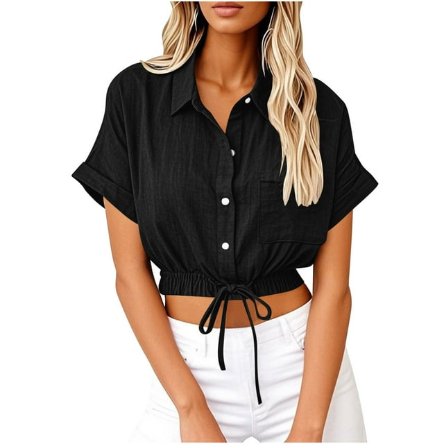 Short Sleeve Crop Tops for Women V Neck Loose Collared Button Down Shirt Summer Drawstring Blouse for Business Casual