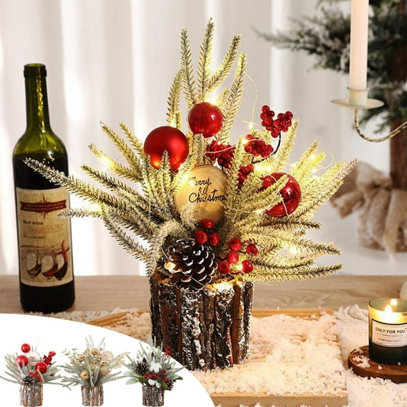 Mini Artificial Christmas Tree Prelit with Warm Lights & Berry Pinecone Decor | 14.56-Inch Tabletop Xmas Tree for Indoor Holiday Decorations | Battery Operated Small Christmas Tree for Home