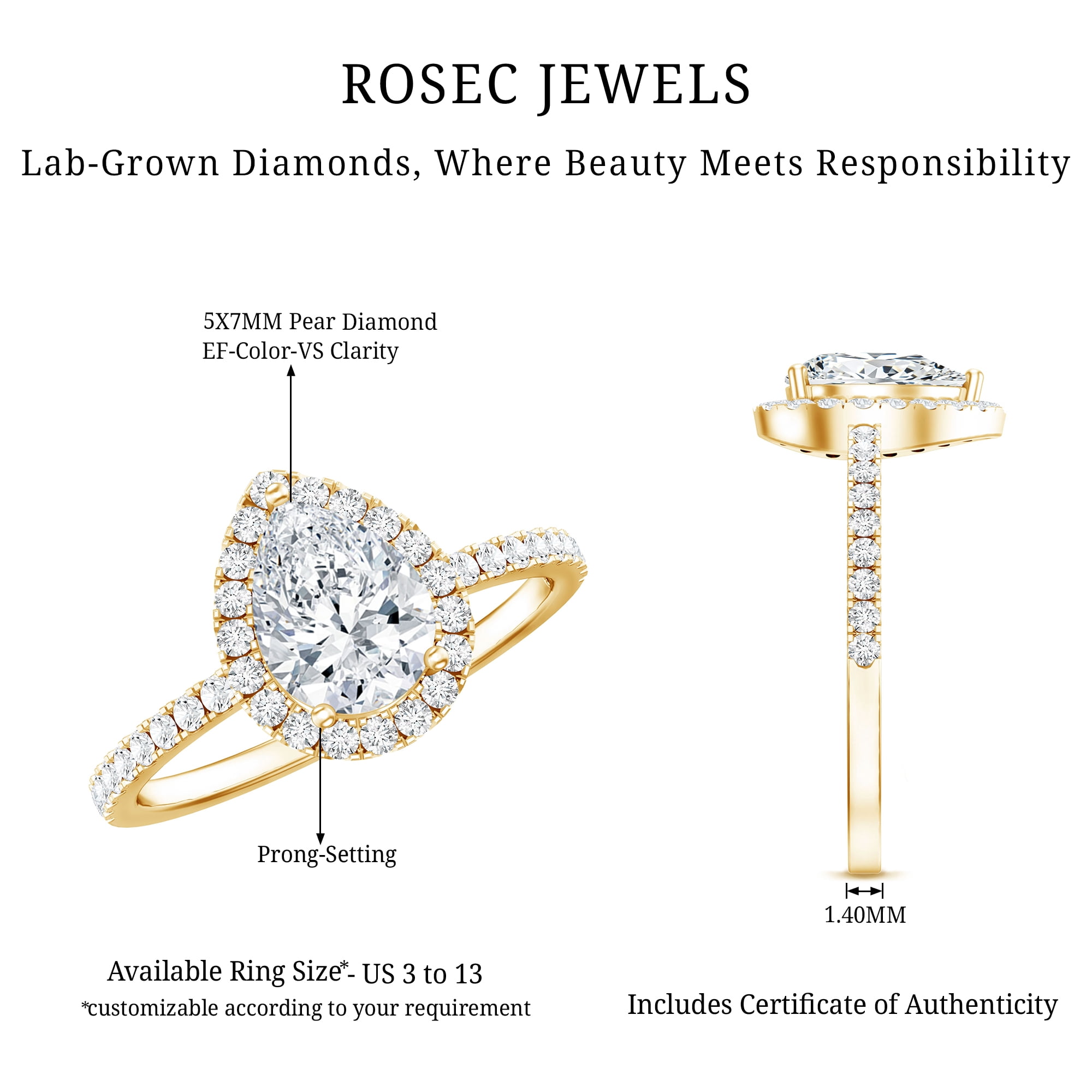 Rosec Jewels Teardrop Engagement Ring for Women - Pear Shape Moissanite (5X7 mm, D-VS1 Quality), 14K Yellow Gold, US 6.50